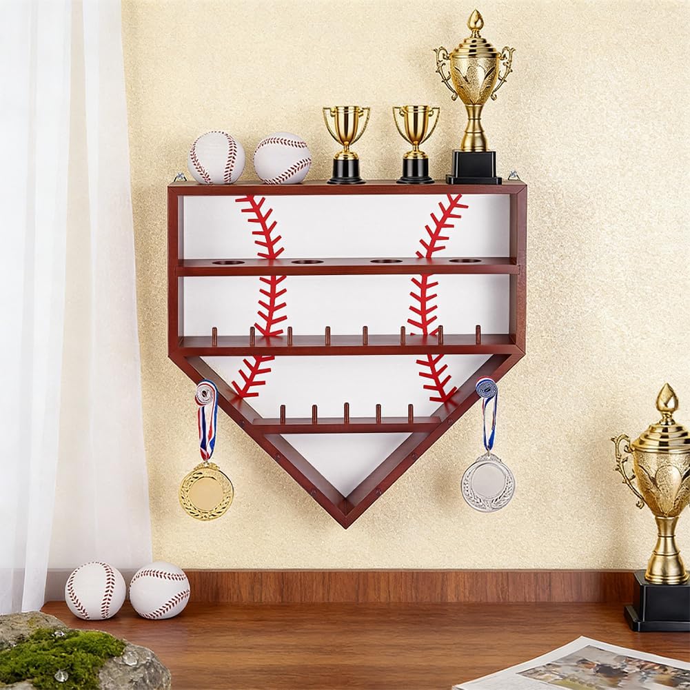 1 Set Baseball Display Case, 17 Inch Wall Mount Display Holder for Balls, Baseball Championship Ring Case for Balls, Medals, Trophies and Name Tags, Coconut Brown