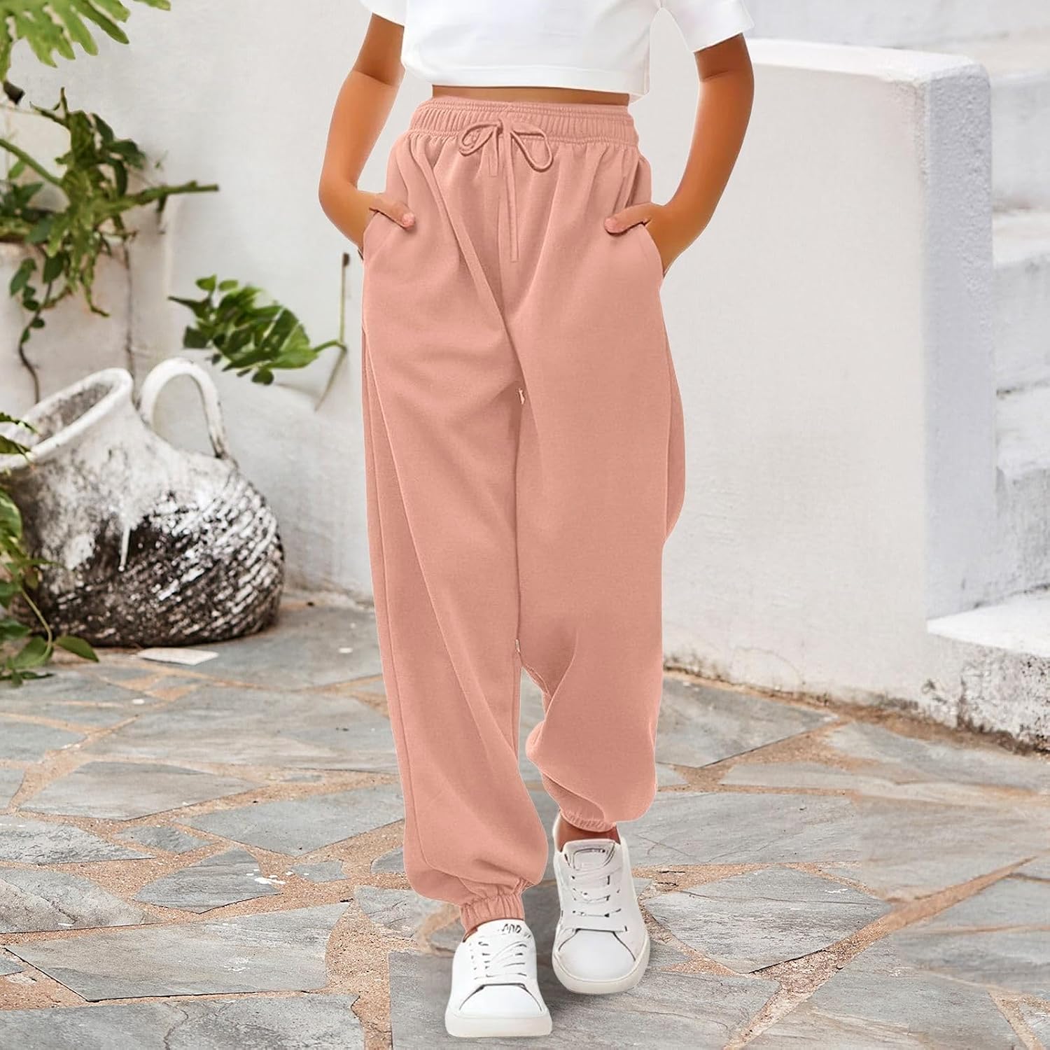 Girls Jeans Cargo Pants Baggy Wide Leg High Elastic Waistband Kids Straight Denim Pant with Pockets