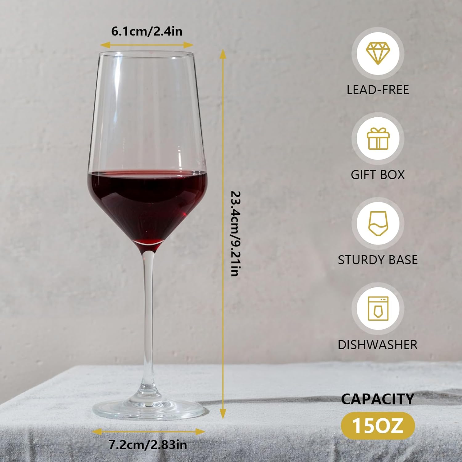 Red Wine Glasses Set of 4 Hand Blown White Wine Glasses Crystal with Long Stem for Daily Use Gifts for Birthday Wedding Anniversary Retirement, 15 Oz