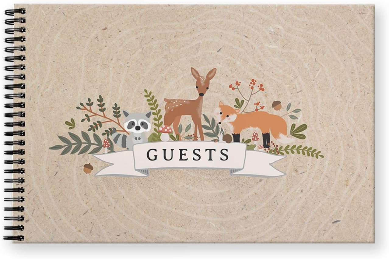 Canopy Street Hardcover Woodland Animals Guestbook / 120 Lined Guest Signature Pages Inside / 5.5" x 8.5" Landscape Lay Flat Forest Gender Neutral Baby Shower Guest Book/Black Metal Spiral Binding