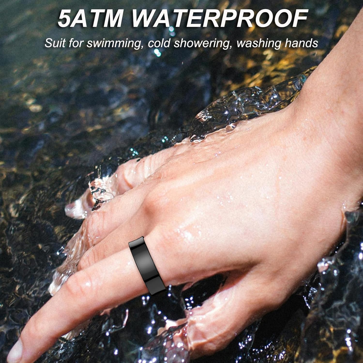 A hand wearing the smart ring submerged in clear water, demonstrating its waterproof capability.