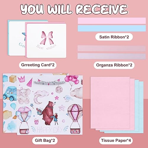 Miniatura 3 de JMANNI Bolsa de regalo para bebé, bolsas de regalo medianas de 2 piezas con 4 papel de seda y 2 tarjetas de felicitación para nuevos padres, baby