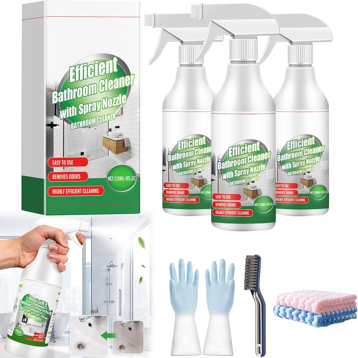Efficient Bathroom Cleaner with Spray Nozzle, Bathroom Descaler Foam Cleaner, All Purpose Rinse Free Cleaning Spray, Bathroom Descaler for Bathtub, Sink, Toilet, Tiles (3Pcs)