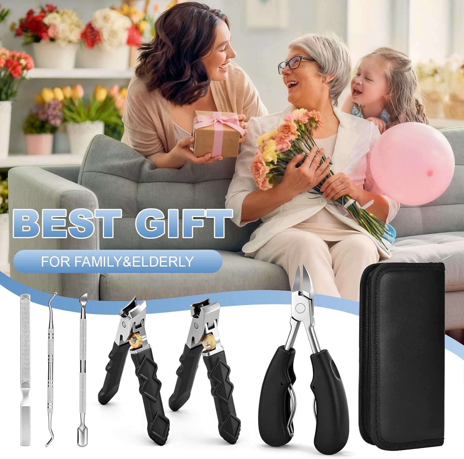 6-in-1 Toenail Clippers for Seniors with Thick Nails - Heavy Duty Wide Opening Nail Cutter Set with 45° Angle for Ingrown Toenails - Professional Pedicure Kit for Elderly Adults with Arthritis