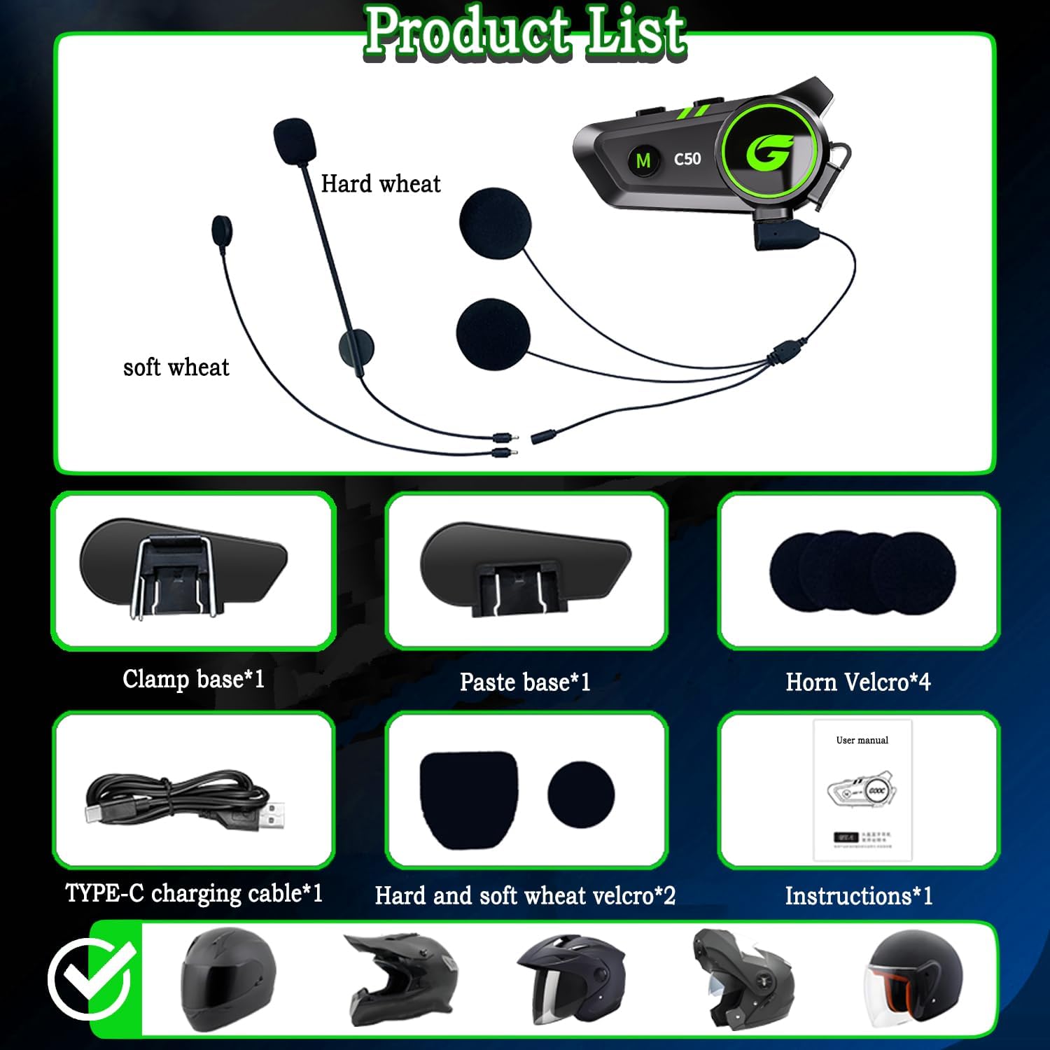 Motorcycle Bluetooth Headset,C50 Motorcycle Intercom 2 Riders Automatic Reconnection,Motorbike Intercom Auto Answer/Voice Control/Active NoiseReduction/IP67 Waterproof(1Pack)