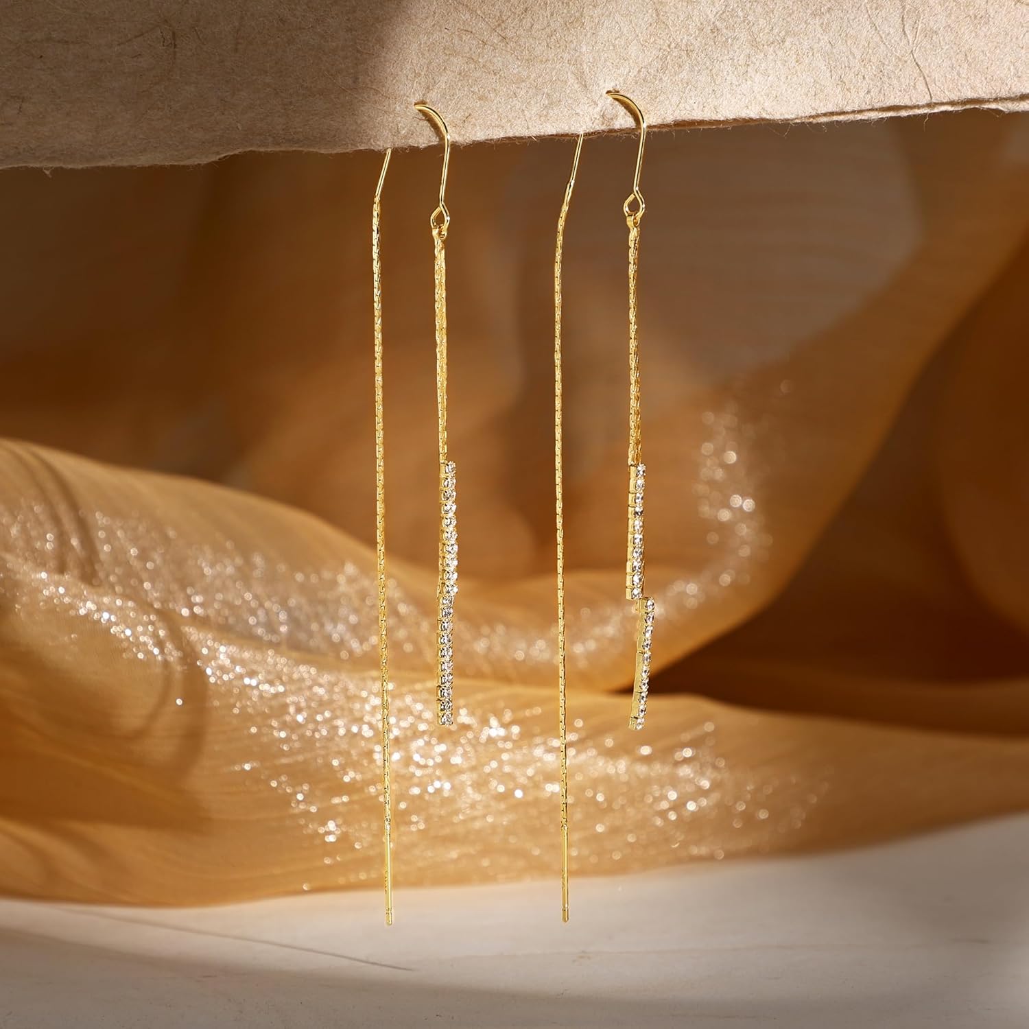 Gold Long Prom Earrings for Women, 14K Gold Plated Pearl Dangle Drop and Chain Tassel Threader Earrings Dangling，Rhinestone Zirconia Hypoallergenic Bride Party Prom Gold jewelry，Women Gifts - Image 6