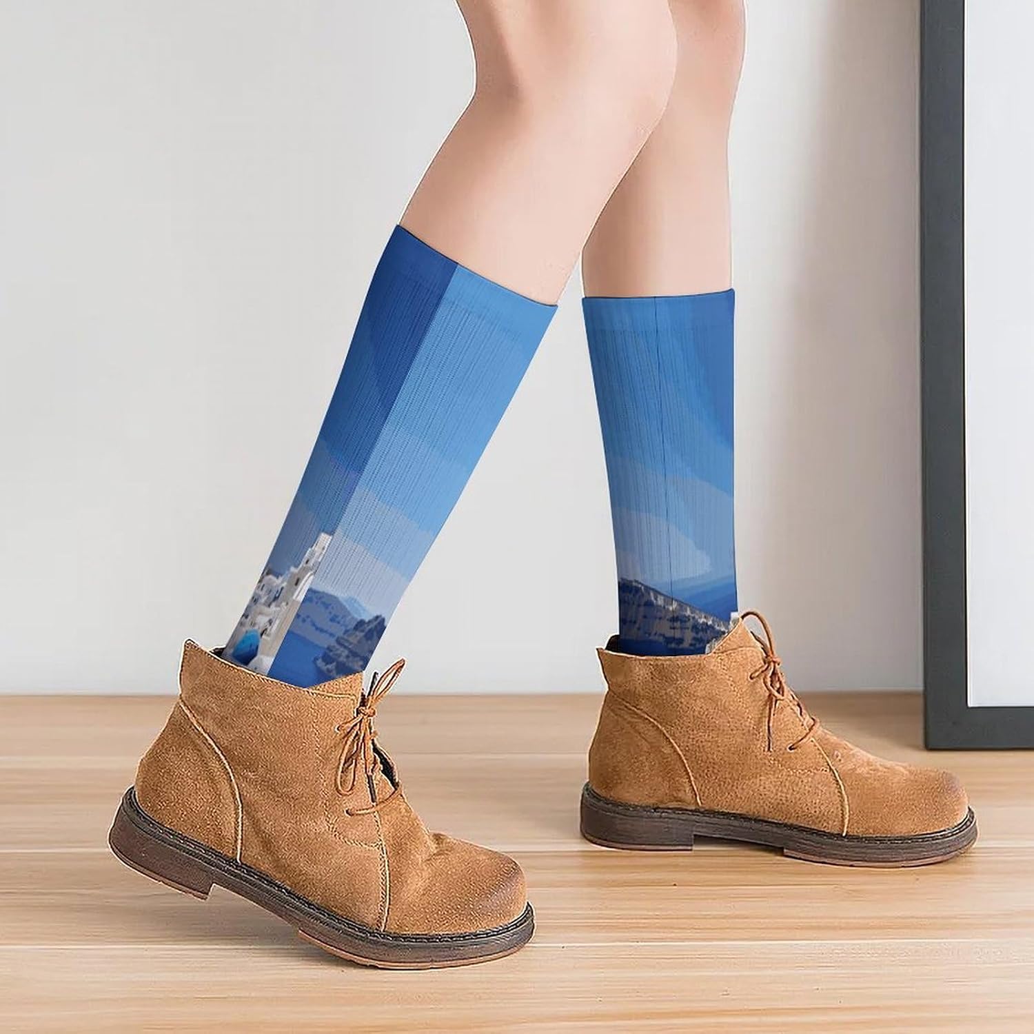 Santorini Island Sea View Crew Socks Casual Breathable Calf Socks | Cushion Running Athletic Socks Long Performance Breathable Sports Socks for Women Men