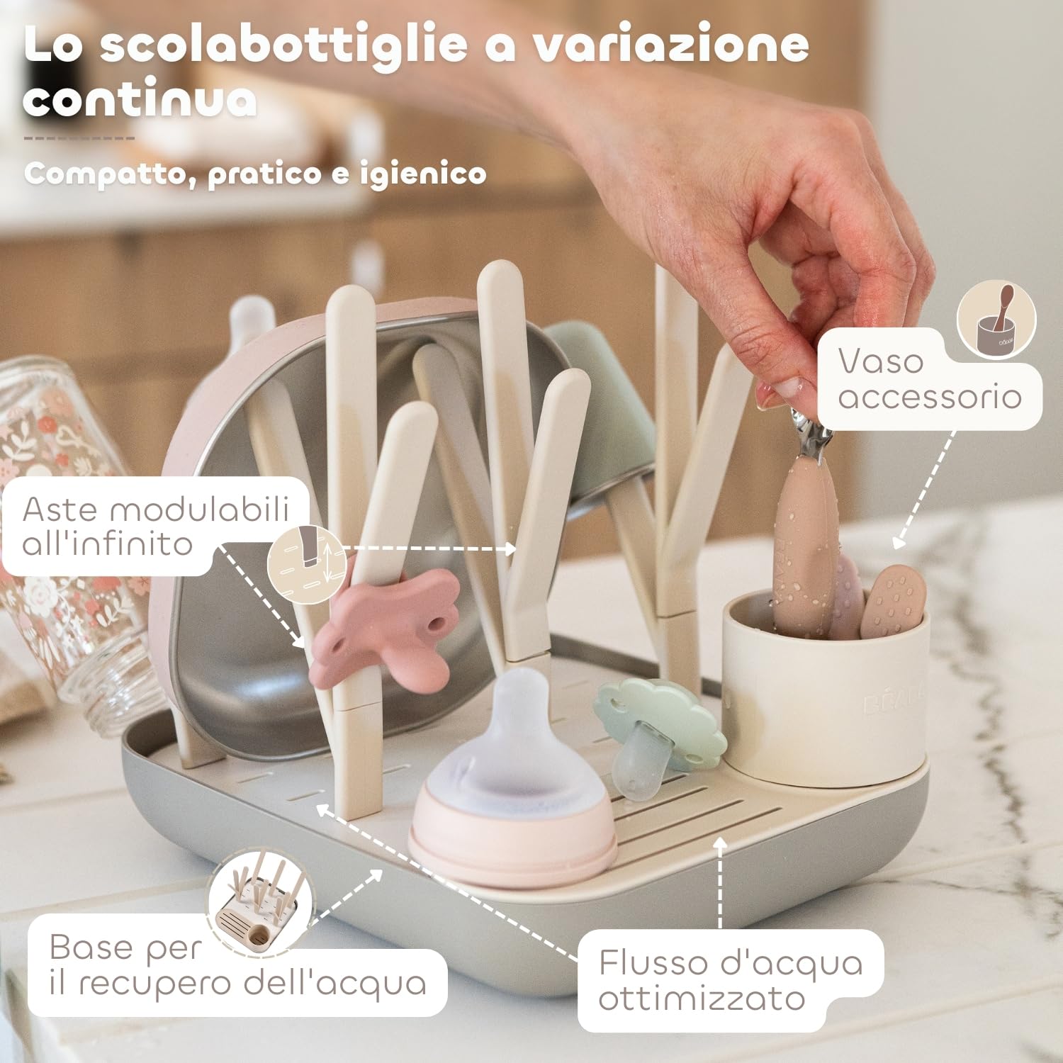 BÉABA Scolabiberon e Asciugabiberon – Grande Capacità, Modulabile, Fino a 6 Biberon e Piatti Bambino, Contenitore Accessori, Drenaggio Ottimizzato, Facile da Riporre, Compatto e Pratico – Argilla