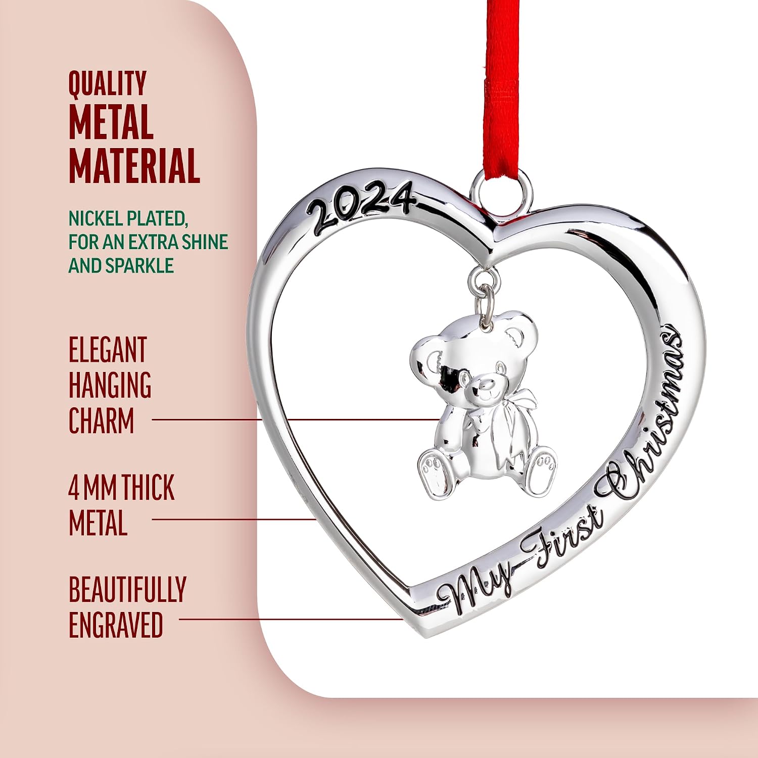 Klikel Baby's First Christmas Ornament 2024 - My First Christmas Heart with Hanging Teddy Bear - Baby's 1st Christmas Ornament 2024 - Baby Boy Girl