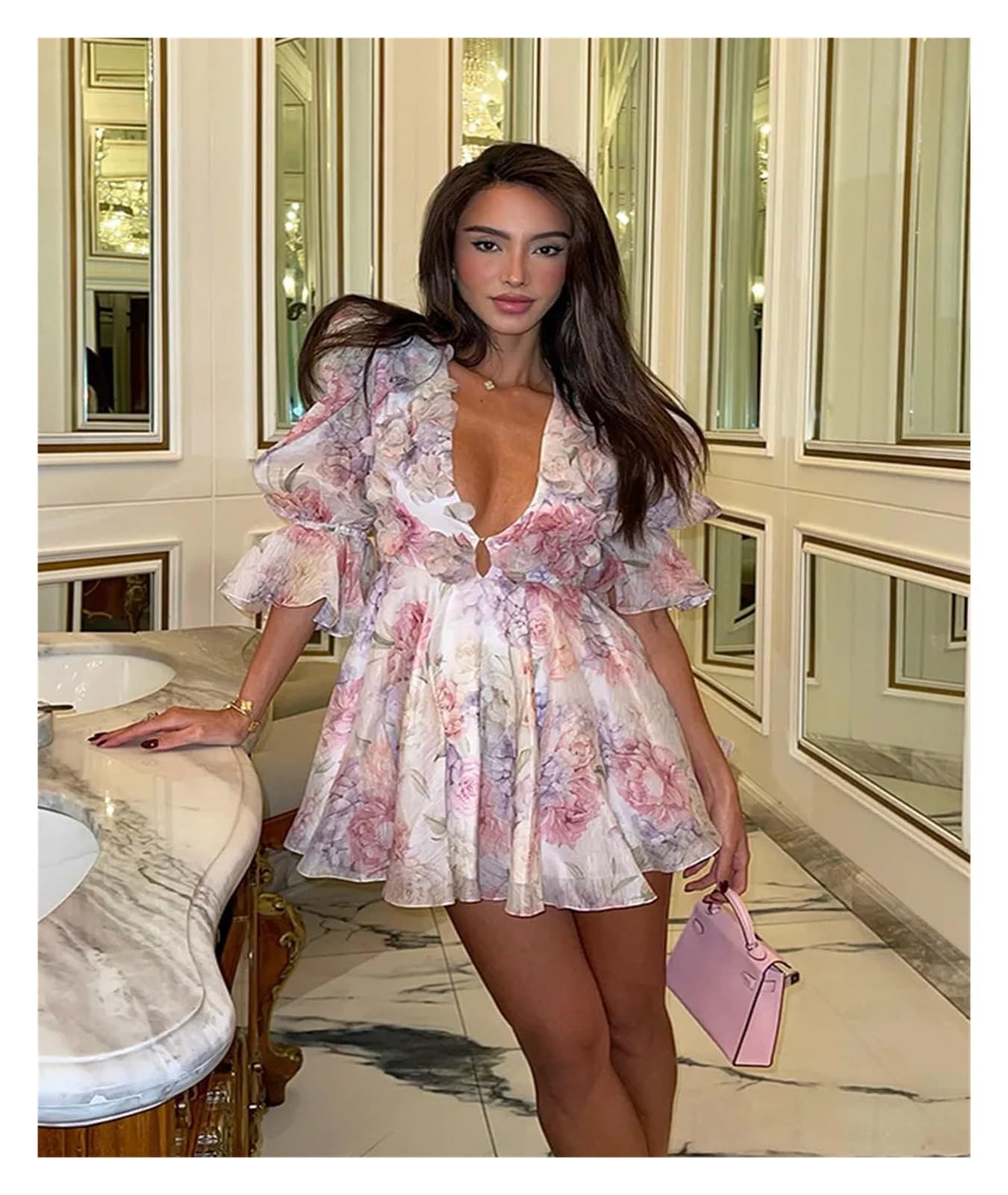 Vestido de Flores Minivestidos for Mujer con Estampado de Flores 3D y Escote en V Profundo Mangas Acampanadas