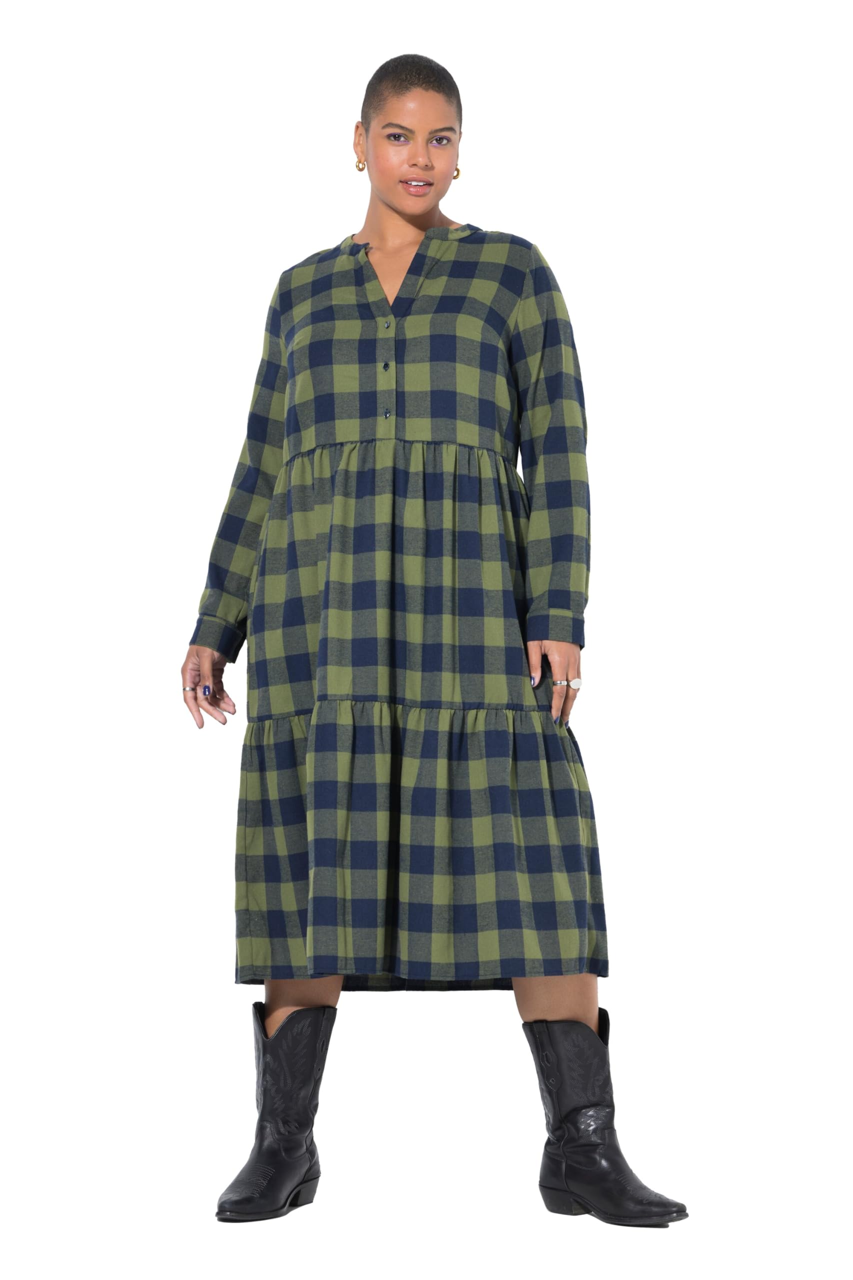 Studio Untold Damen große Größen Übergrößen Plus Size Midi-Flanellkleid, Karo, Tunika-Ausschnitt, Langarm 834951