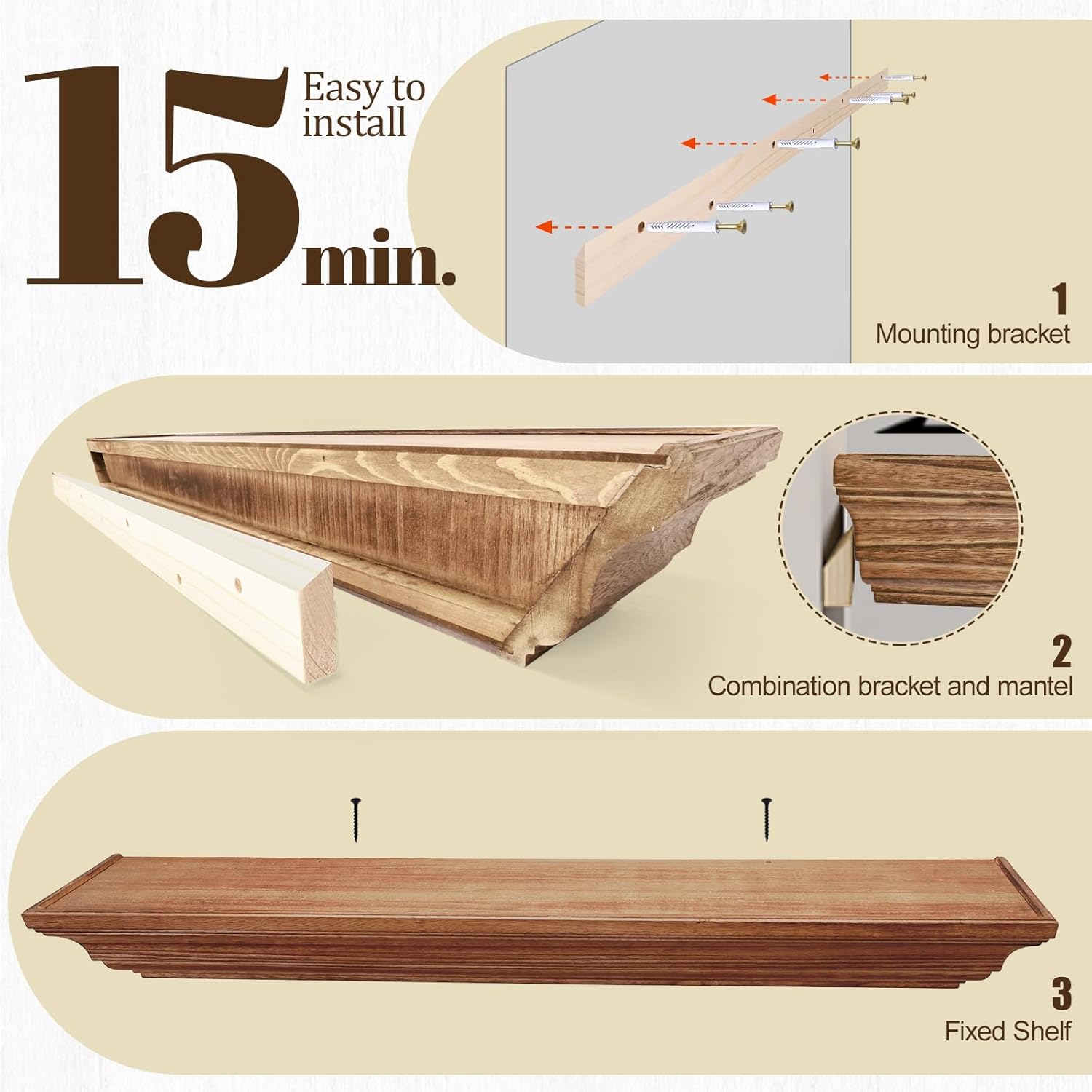 Rustic Fireplace Mantel Shelf, 60" Wooden Floating Shelf for Over Fireplace, Wall Mounted Fire Place Mantel, Farmhouse Hanging Floating Shelves, Oak Color