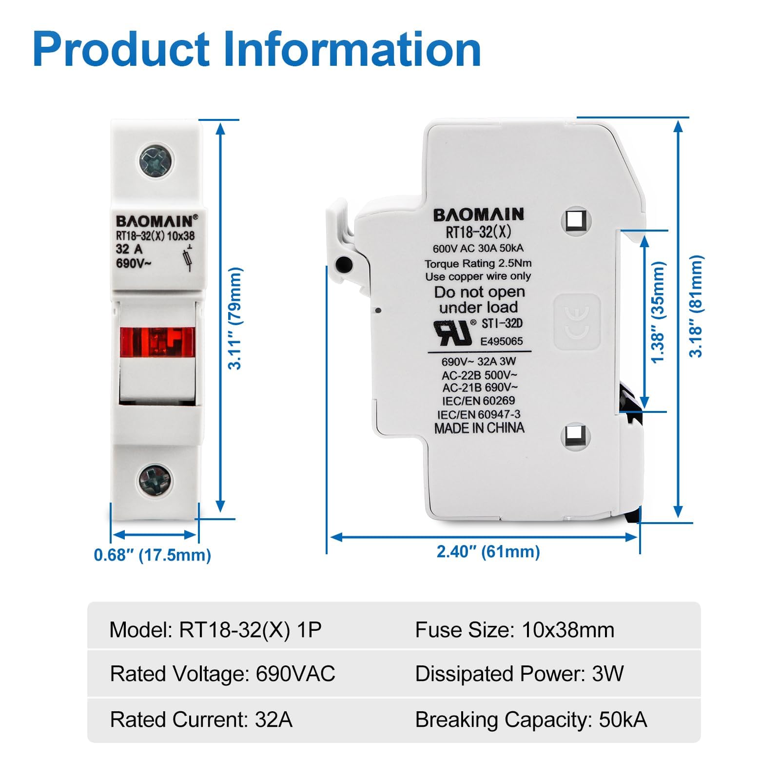 Baomain 5-Pack DIN Rail Fuses - UL Recognized -2 Baomain 5-Pack DIN Rail Fuses - UL Recognized -2