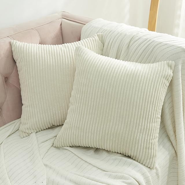 Volcanics Corduroy Cushion Covers Pack of 2 Decorative Square Throw Pillow Covers Cushion Soft Pillowcase 45 x 45cm18 x 18 Inches for Home decor Sofa Couch Bedroom, Creamy White