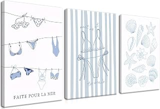 Trendy Coastal Canvas Wall Art Set of 3, Blue Bikini Granddaughter Room Wall Decor Paintings, Preppy Coastal Shell Girls Dorm Posters Prints Pictures for Living Room Bedroom 12x16 Inch Framed
