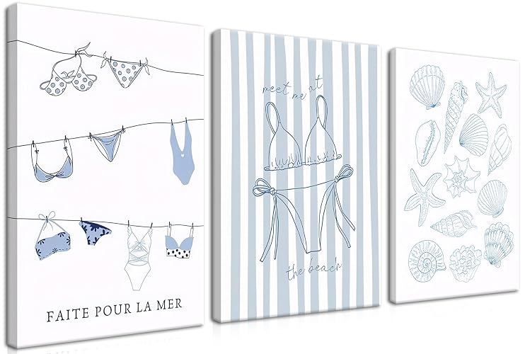 Trendy Coastal Canvas Wall Art Set of 3, Blue Bikini Granddaughter Room Wall Decor Paintings, Preppy Coastal Shell Girls Dorm Posters Prints Pictures for Living Room Bedroom 12x16 Inch Framed