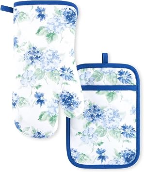 Martha Stewart Amber Floral Oven Mitt & Pot Holder Set 2-Pack, Blue/Green, OM 7"x13" & PH 7"x10"