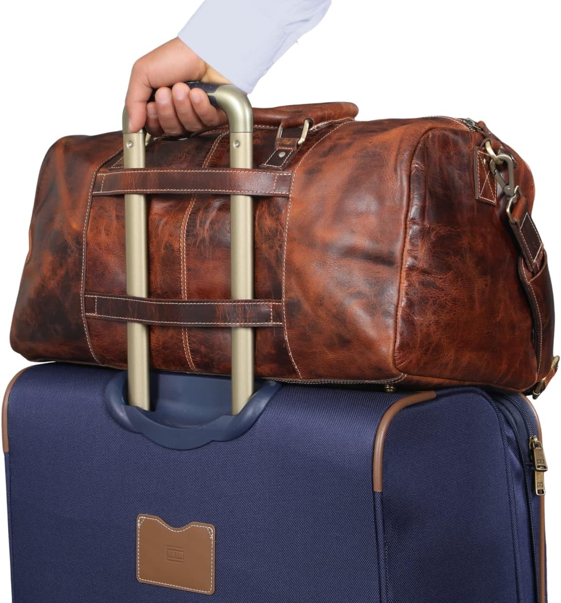 Genuine Full Grain Leather Carry On Travel Bag 21x11x10 with Trolley Straps, Shoe Compartment, Shoulder Strap by De Lira