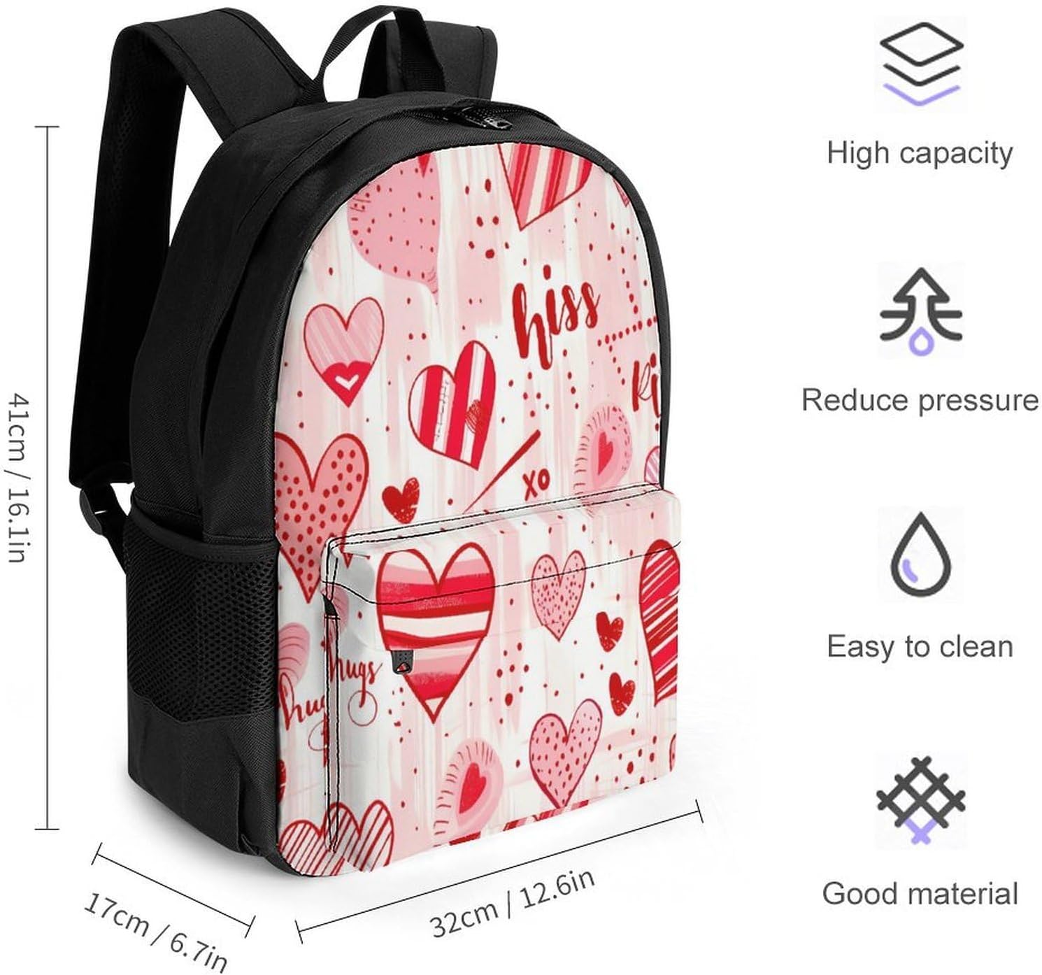 Valentine Hearts Hugs Kisses Backpack Lightweight Backpacks Work Bag