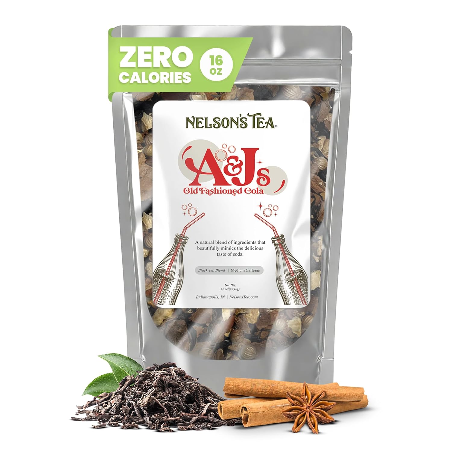 Nelson's Tea - A&J's Old Fashioned Cola Tea - Chicory Root, Cinnamon, Black Tea, Coriander, Lemon Peel, Orange Peel and Natural Flavoring - 16 Oz