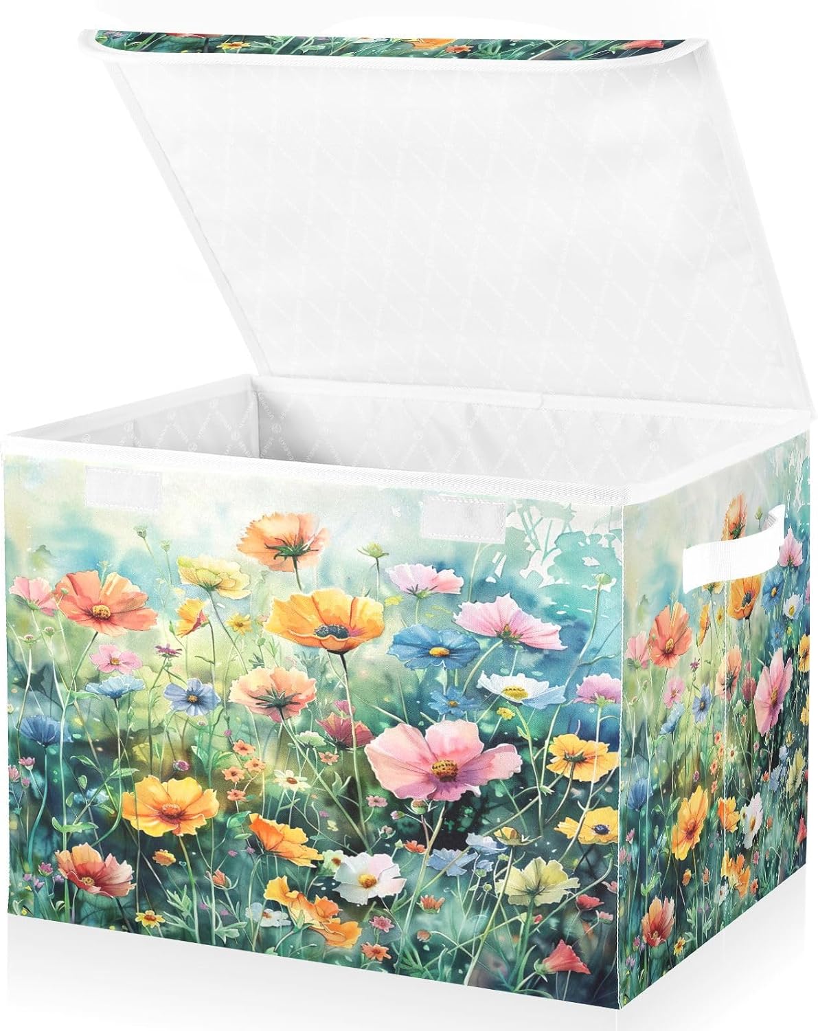 Blueangle Collapsible Storage Boxes 1 Pack, Colorful Flowers Painting Storage Baskets with Lids and Handle for Home Bedroom Closet Office(133)