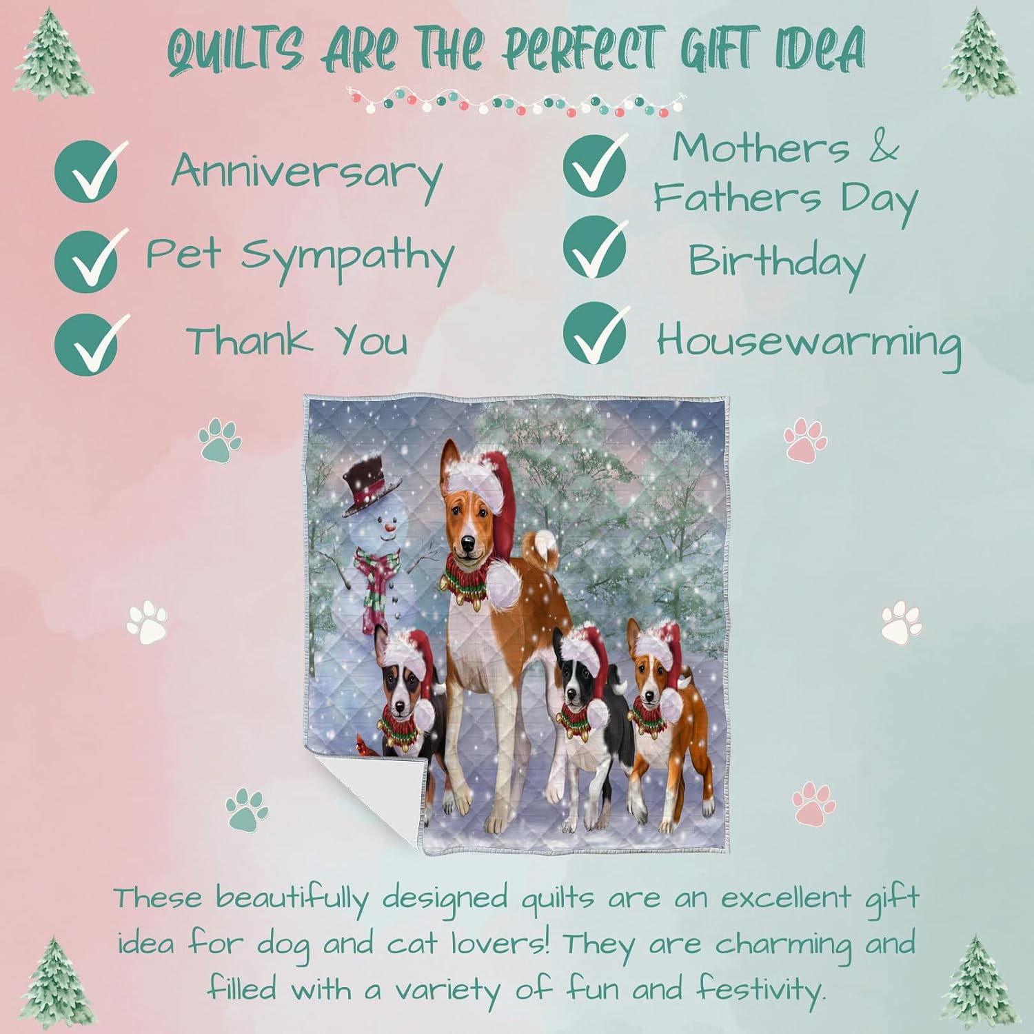 Christmas Running Fammily Basenji Dog Quilt Bed Coverlet Bedspread - Pets Comforter Unique One-Side Animal Printing - Soft Lightweight Durable Washable Polyester Quilt, 40"x50"