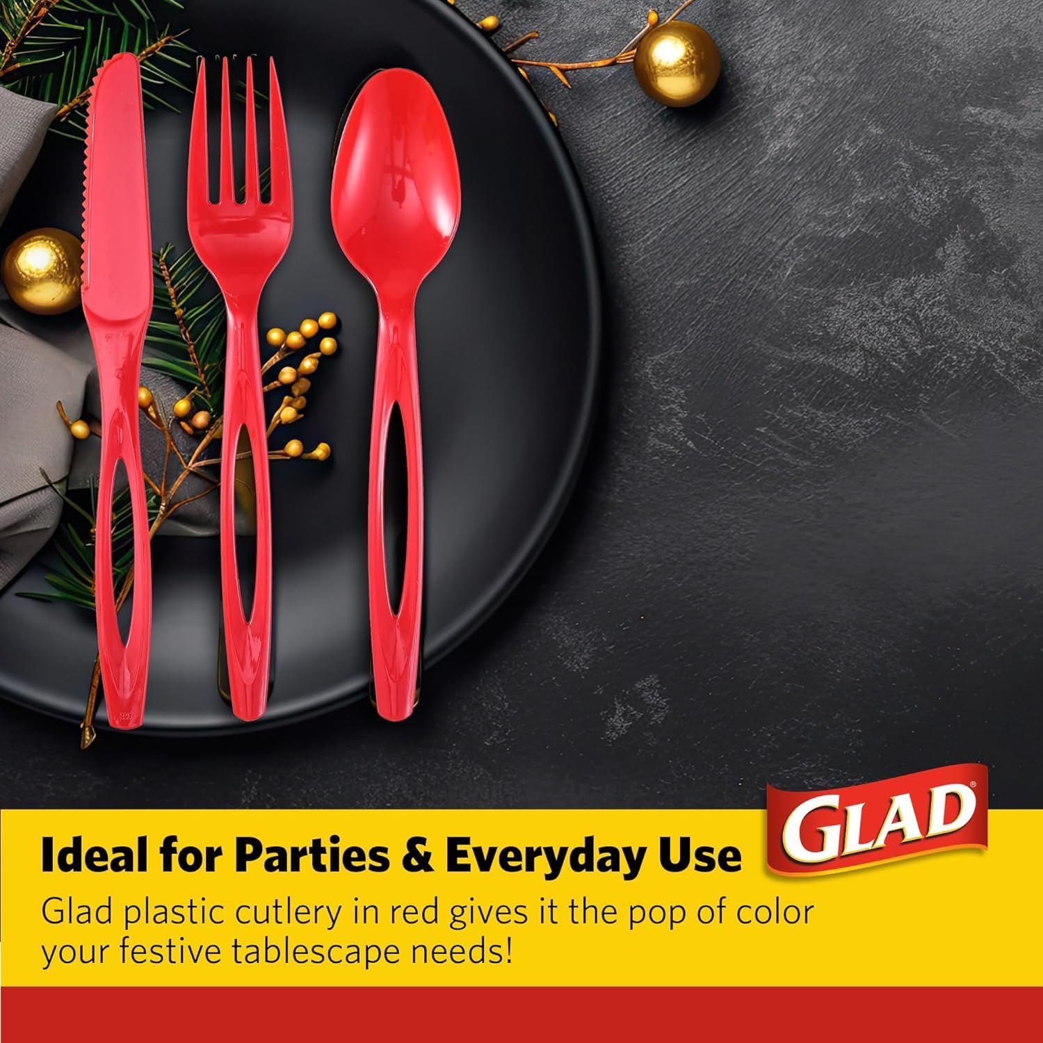Glad Assorted Plastic Cutlery Set | Extra Heavy Duty Red Forks, Knives, and Spoons | 1,152 Count Set of Disposable Party Utensils, Sturdy Cutlery