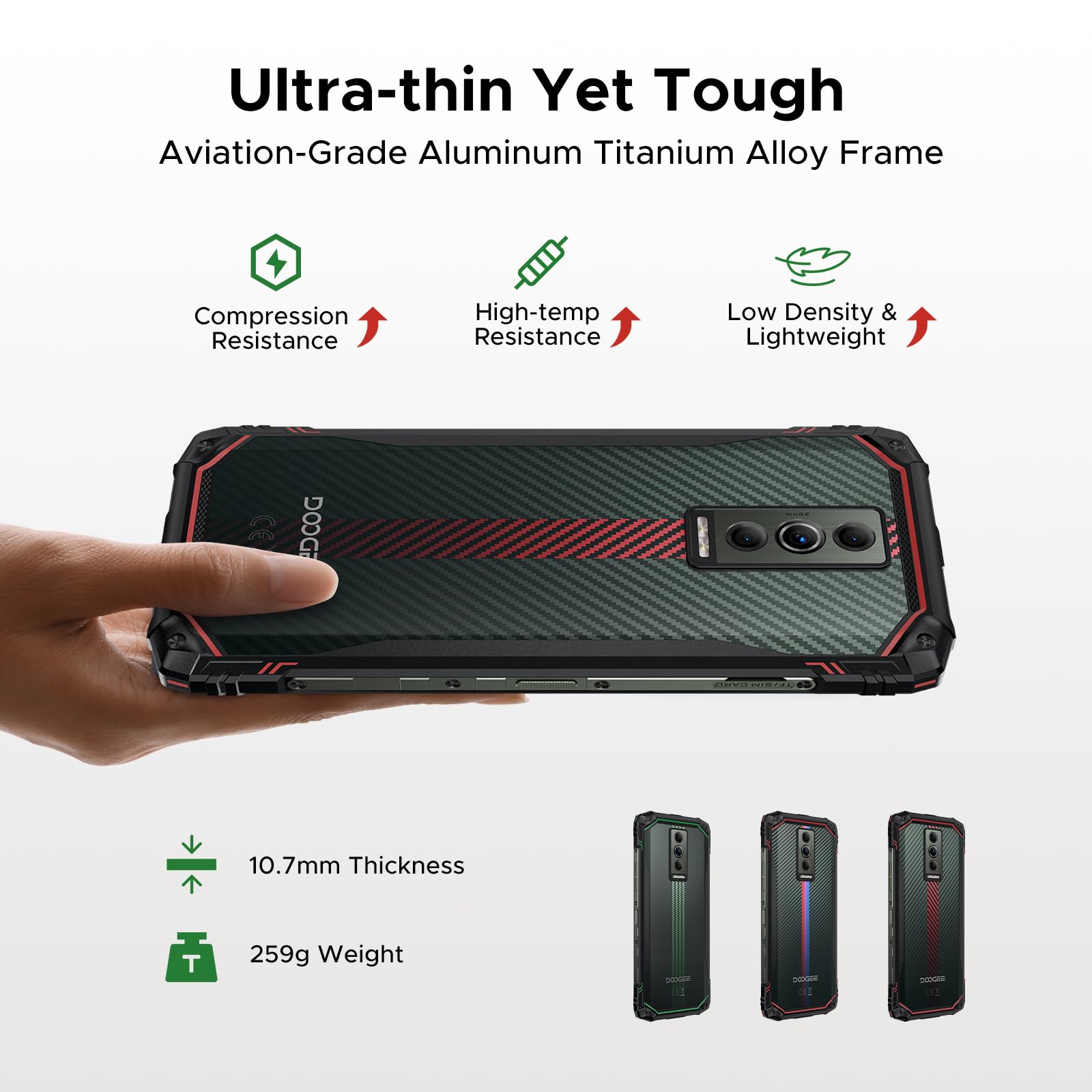 DOOGEE Blade10 Energy Android 15 Rugged Smartphone 4.5G,10.7mm Ultra-Thin,24GB+128GB/TF 2TB Octa Core Rugged Phone,6.56"HD+ 90Hz,16MP Camera,IP68/IP69K Waterproof Phone,6150mAh/Widevine L1/NFC/Face ID