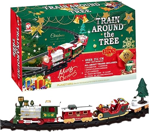 Juego de tren de árbol de Navidad con luz y sonido colgante de tren de Navidad con locomotora, carro, trineo y pistas para regalos para niños.