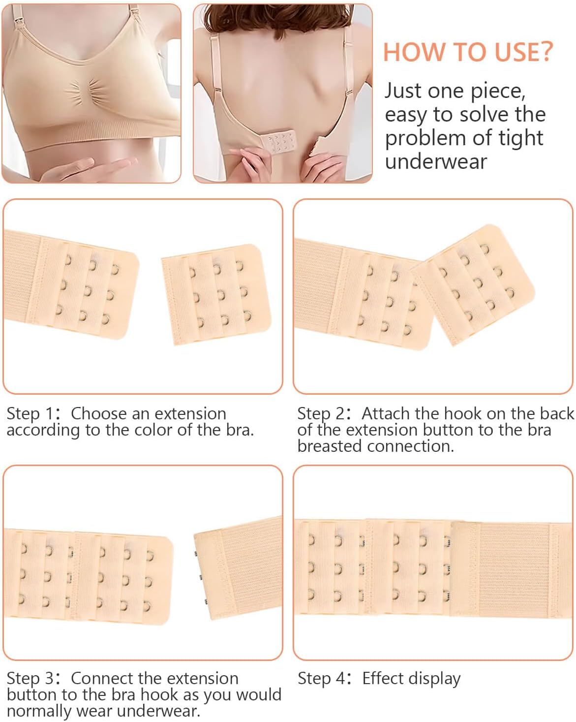 JELIEE 4 PCS Women's Bra Extenders 3 Hooks Stretchy Bra Extension Strap 3 Rows Elastic Bra Band Hook Bra Strap Extender Bra Extenders 3 Hooks Plus Size