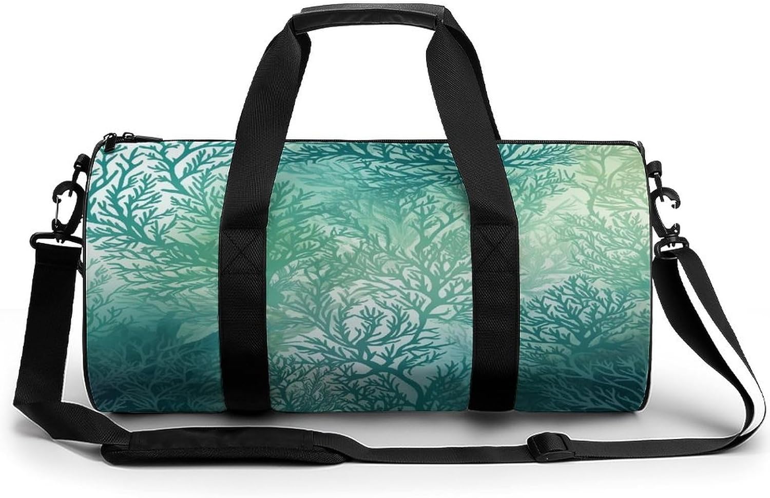 Aesthetic Sports Bag for Women Green Sea Blue Seaweed Printed Duffle Travel Bag for Men Women Mini Workout Bags Cylindrical Gym Bag