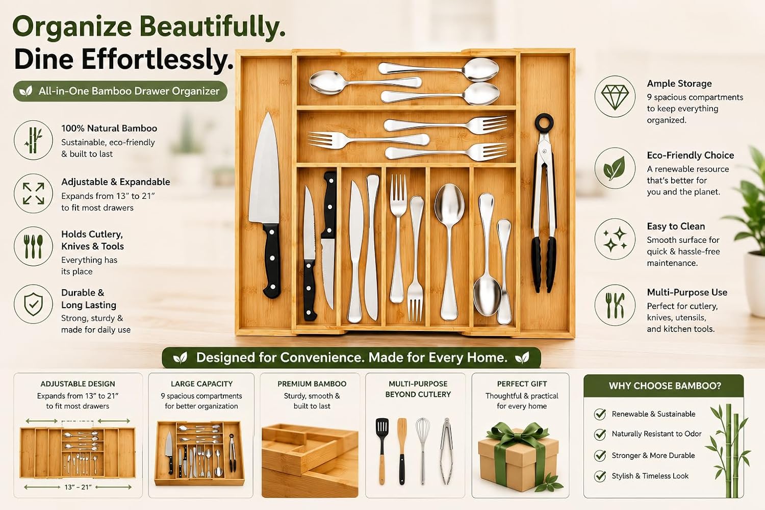 Elmora Bamboo Kitchen Drawer Organizer, 9 Slot Expandable Utensil Organizer image 5