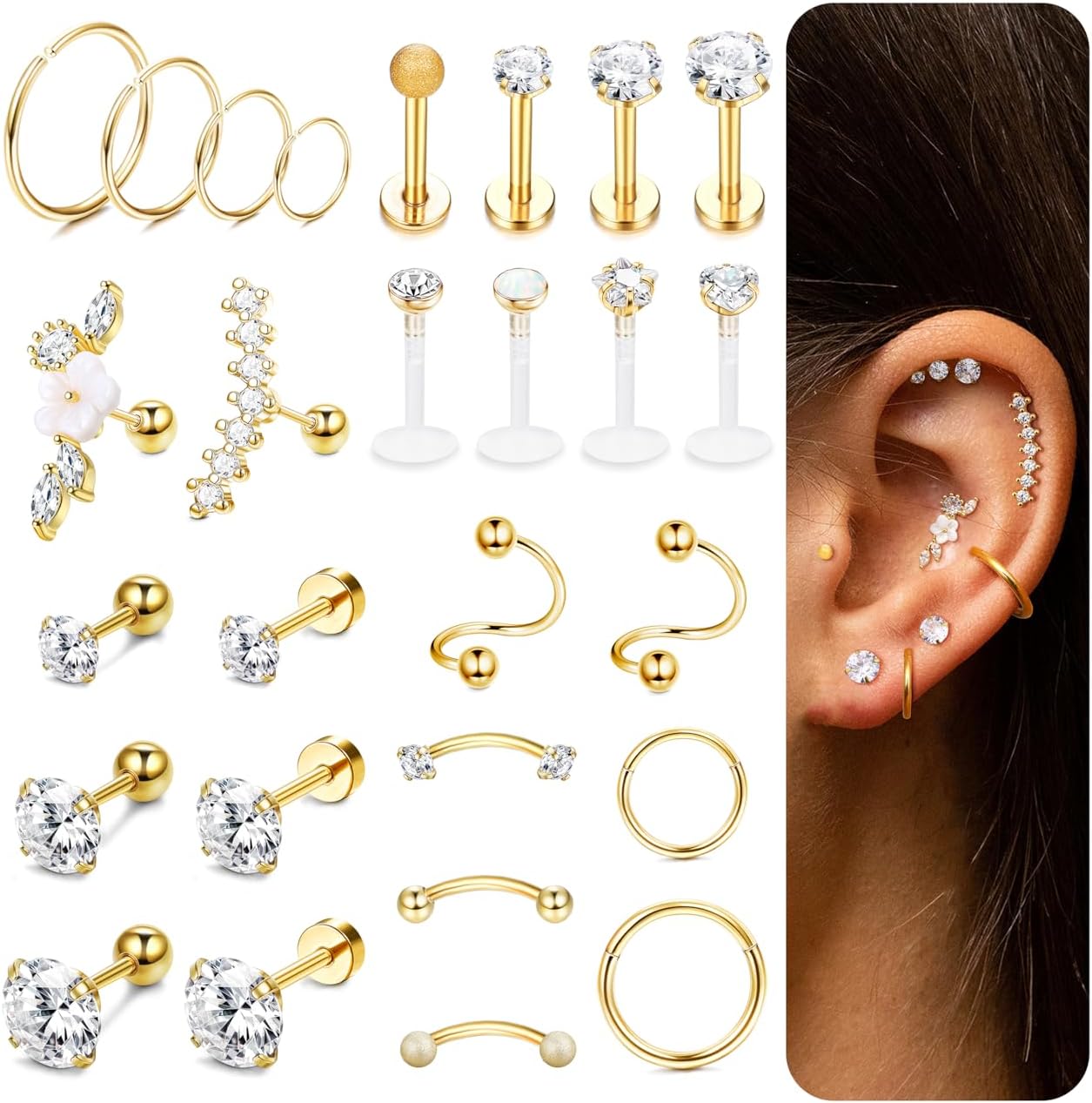 27Pcs 16G Cartilage Earrings Stud Hoop for Women Stainless Steel Forward Helix Piercing Tragus Earrings Conch Piercing Jewelry