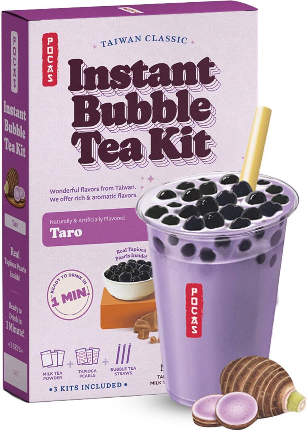 Bubble Tea Kit, Taro โ Milk Tea Powder with Tapioca Pearls, Boba Straws, 3 Kits