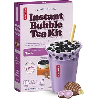 Pocas Bubble Tea Kit, Taro Milk Tea Powder with Tapioca Pearls, Boba Straws, 3 Kits