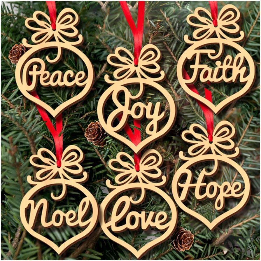 Alinay 6pcs Christmas Tree Deco Wooden Word Peach Heart Ornaments