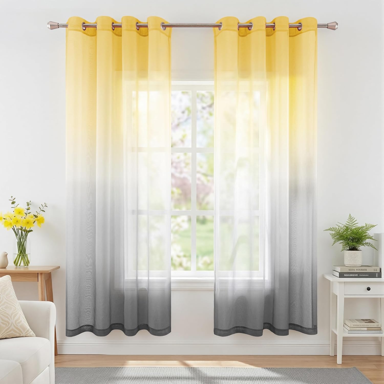 KOUFALL Yellow Sheer Curtains 63 Inch Length for Dining Room,Ombre Rainbow Summer Curtains for Living Room Decor Bedroom with Grommet,Yellow and Grey