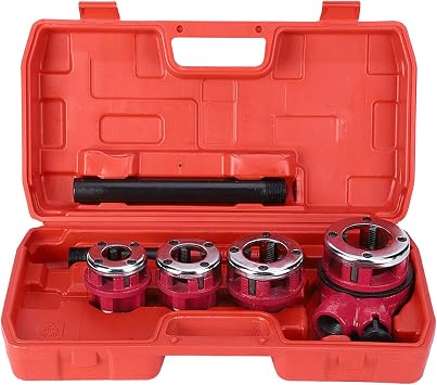 Pipe Threading Kit, Plumbing Clubs 4 Dies Manual Tool 1/2 3/4 1 1 1/4, Compact Ratchet Head, Cast Iron, Plumbing Clubs For Pipe Threader With Handle, Plastic For Storage