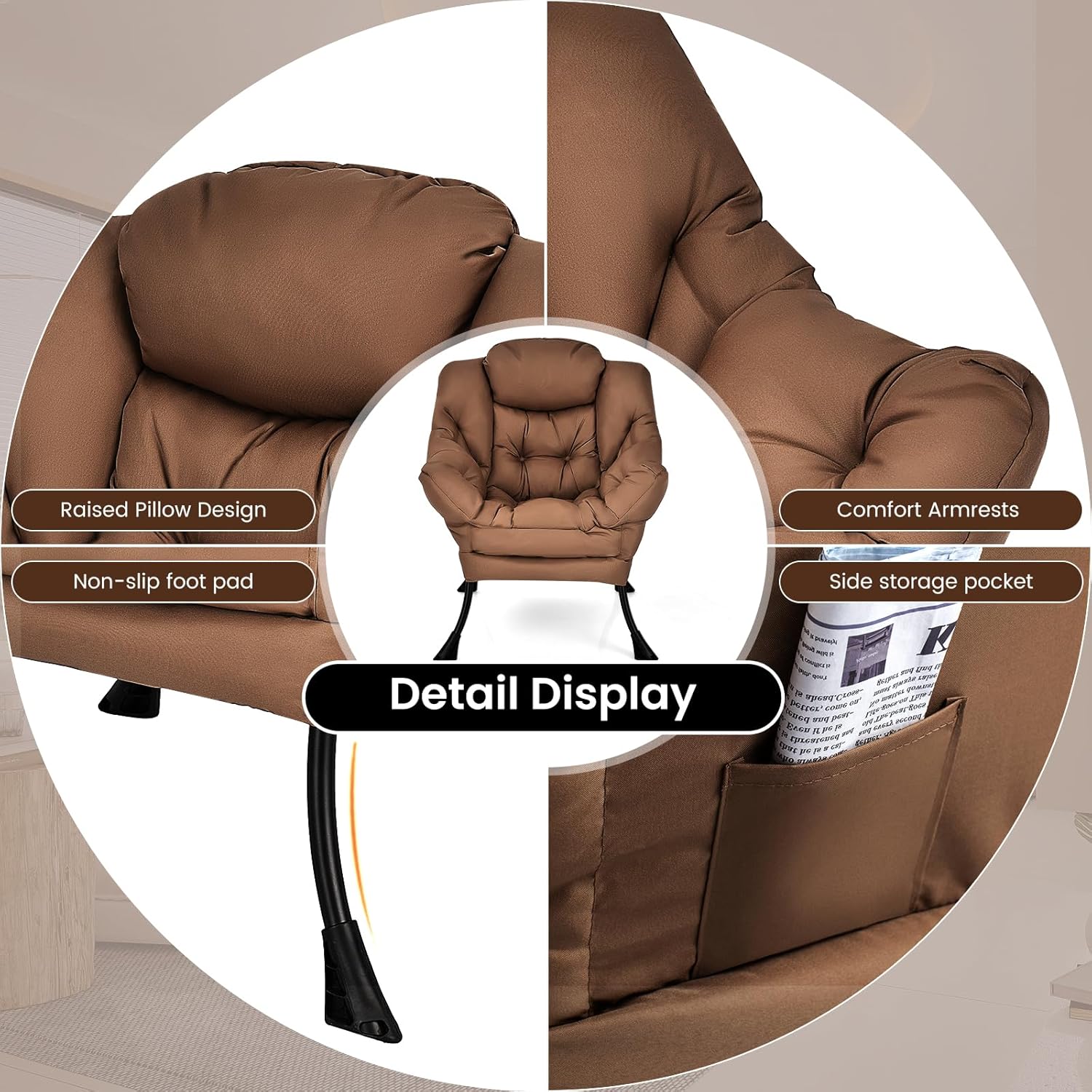 GORELAX Modern Lazy Chair,Upholstered Lounge Accent Chair, Single Leisure Sofa Chair with Armrests & Side Pocket, Comfy Reading Chair for Bedroom, Living Room, Dorm Room (Brown)