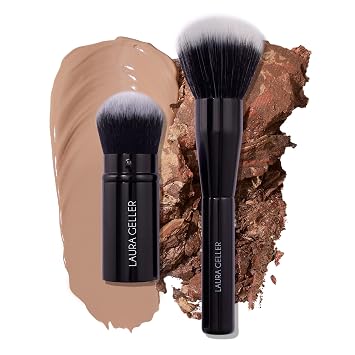 LAURA GELLER Better Together Two-Piece Makeup Brush Set for Powders and Foundation - Retractable Round Airbrush Kabuki Brush & Full Face Powder Makeup Brush