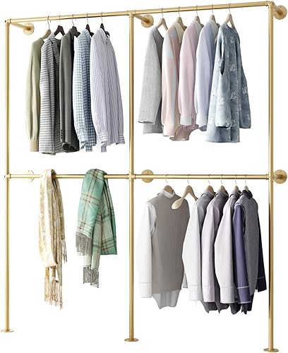Miniatura 7 de IronJiaZu Percheros de Ropa de Tubería Dorada para Montaje en Pared Perchero de Ropa Dorado, Percheros de Ropa de Tubería Industrial Resistente