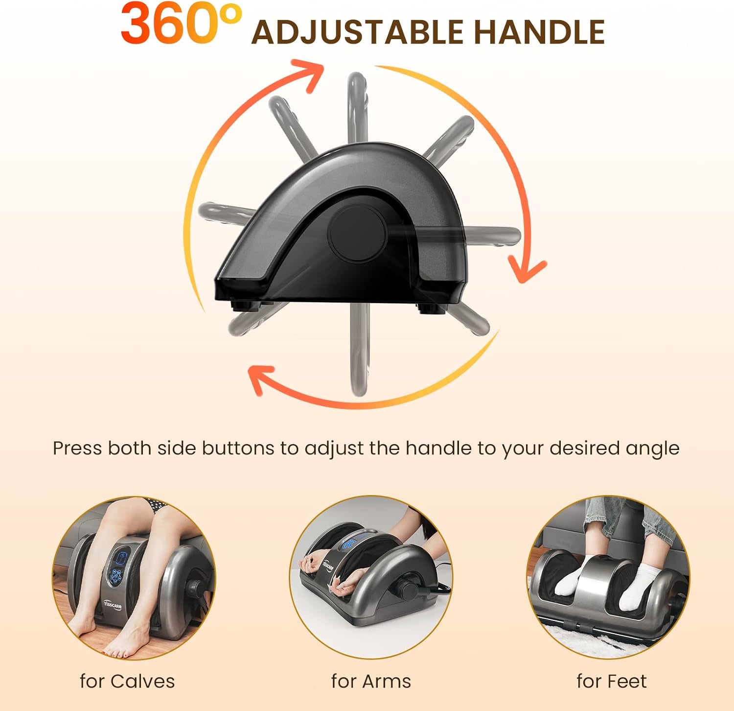 Image showing two heating modes: Low Heating (104-113°F) and High Heating (122-131°F) with a person using the massager.