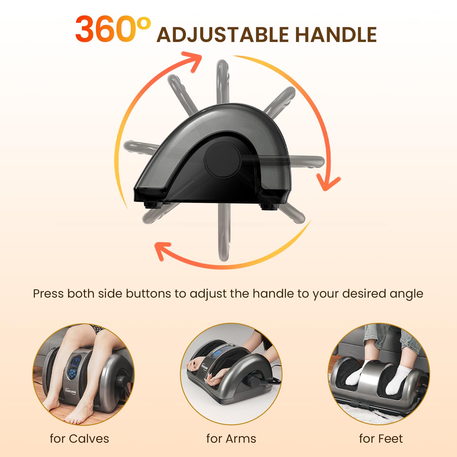 TISSCARE Masajeador de Pies Shiatsu con Calor, Masajeador Eléctrico para Piernas y Pantorrillas con Amasamiento, Rodillos, Presión, Asa Ajustable 360°, Alivio del Dolor, Regalo Hombres Mujeres