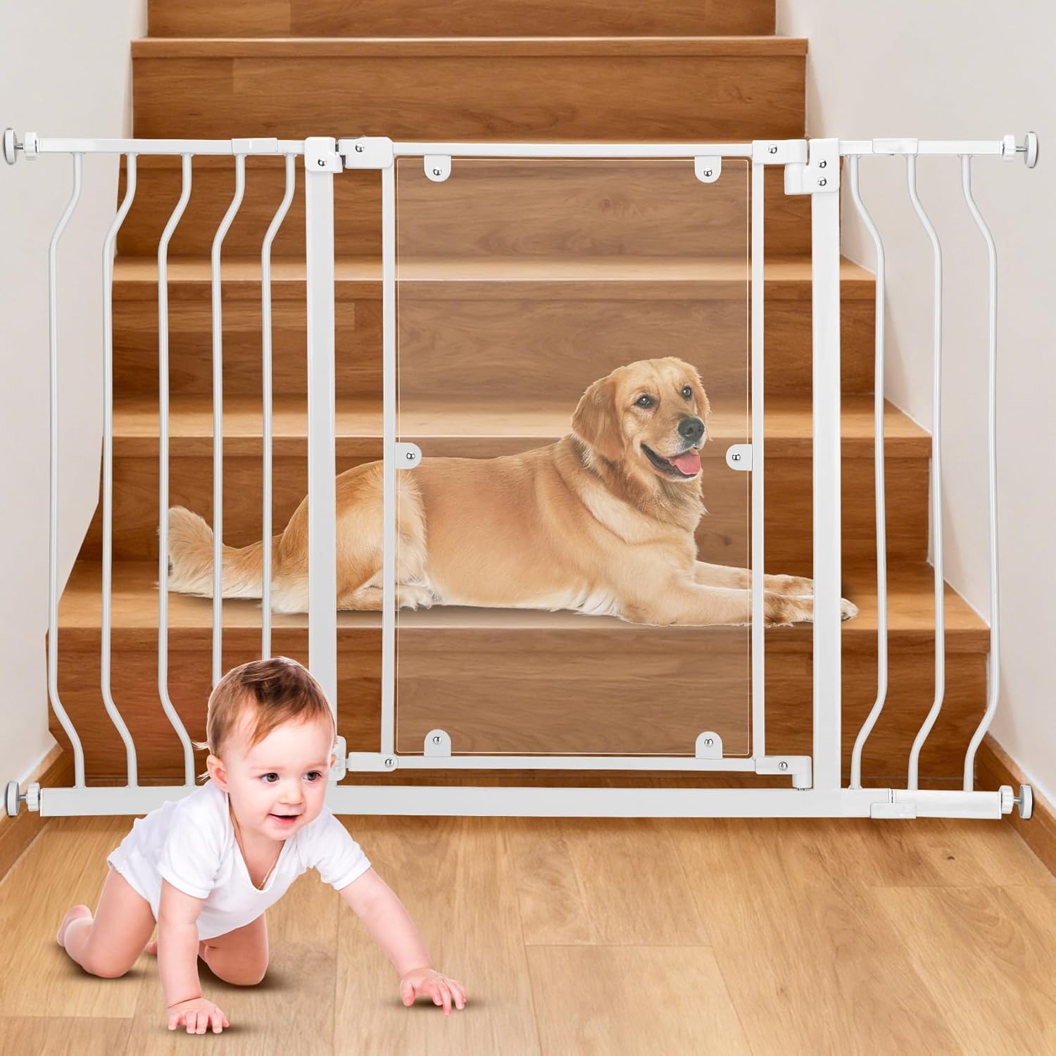 Clear Baby Safety Gate for Stairs 28.5"–48.5" Wide, 30" High, Pressure Installation, Auto Close Clear Baby Gate for Stairs Require No Drilling, Pet Gate Suitable for Corridors and House, White