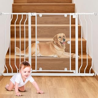 Clear Baby Safety Gate for Stairs 28.5"–48.5" Wide, 30" High, Pressure Installation, Auto Close Clear Baby Gate for Stairs Require No Drilling, Pet Gate Suitable for Corridors and House, White