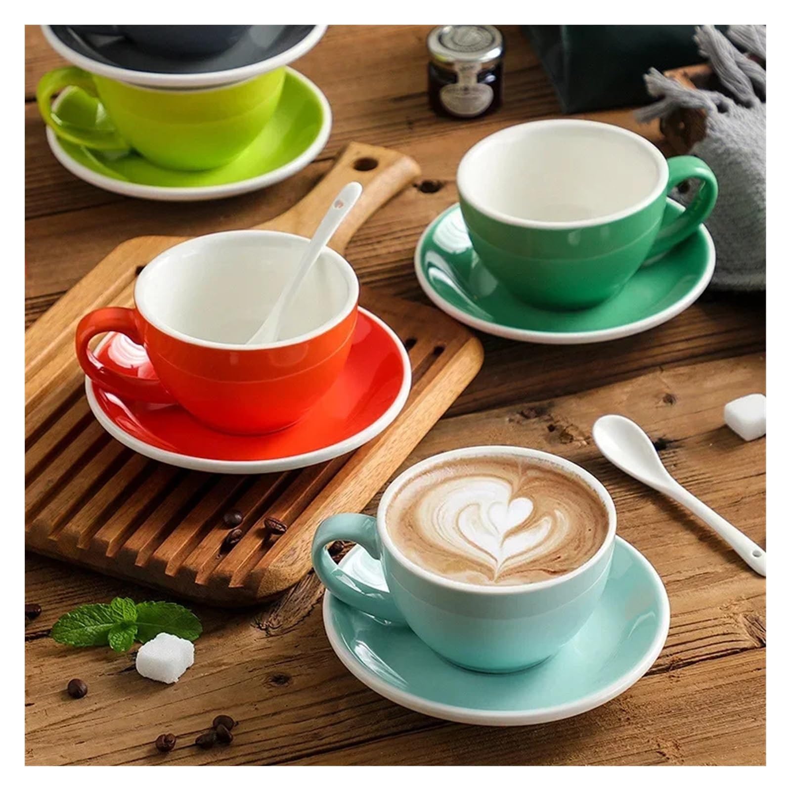 Tazas de café grandes de cerámica, Juego de tazas café porcelana multicolor 300 ml(B)