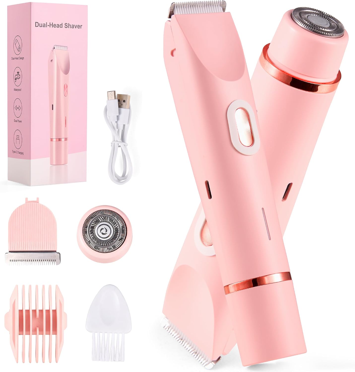 2-in-1 Bikini Trimmer for Women Electric Razor, Shaver for Bikini with 2 Replacement Heads (1 Flat + 1 Round), IPX7 Waterproof Cordless Remover for Pubic Hair Underarm Leg & Face, Pink