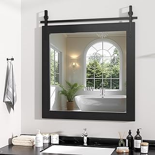 Hasipu Farmhouse Bathroom Mirror, 31"x31" Rustic Wood Framed Wall Mounted Mirror, Black Vintage Vanity Mirror Barn Door Style Decrative Mirrors