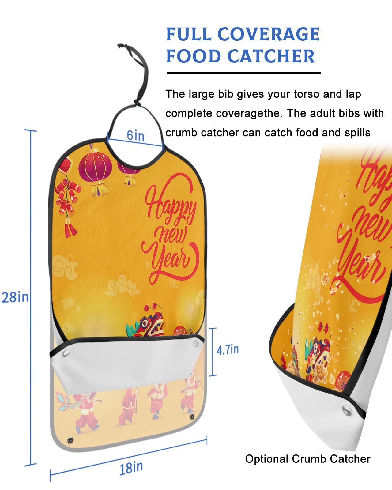 Spring Festival Adult Bibs for Eating, Waterproof Bibs with Food Catcher & Adjustable Snap Closure, New Year Painting Dragon Dance Washable Clothing Protectors Adult Bibs for Elderly Women/Men
