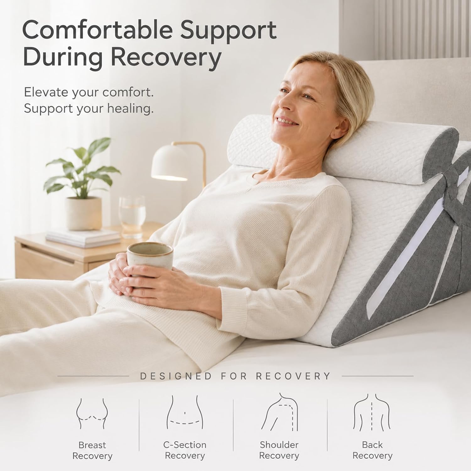 Adjustable Wedge Pillow Set 3PCS, Cooling Gel Memory Foam Bed Wedge with Washable Cover, Extra-Wide Support for Elevated Sleeping, Acid Reflux, Snoring, Post Surgery Recovery, Seniors, White/Dark Grey